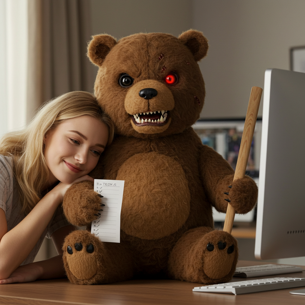 AI-generated image of a woman resting her face on top of a giant teddy bear. The bear holds a list of tasks and a stick, has one evil red eye.