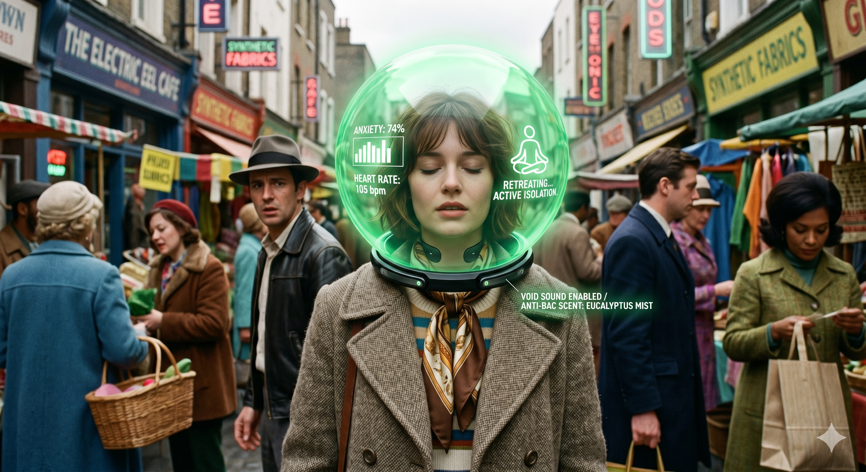 AI generated image of a woman in a crowded street. The woman is wearing a green bubble as a helmet and has a peaceful expression.