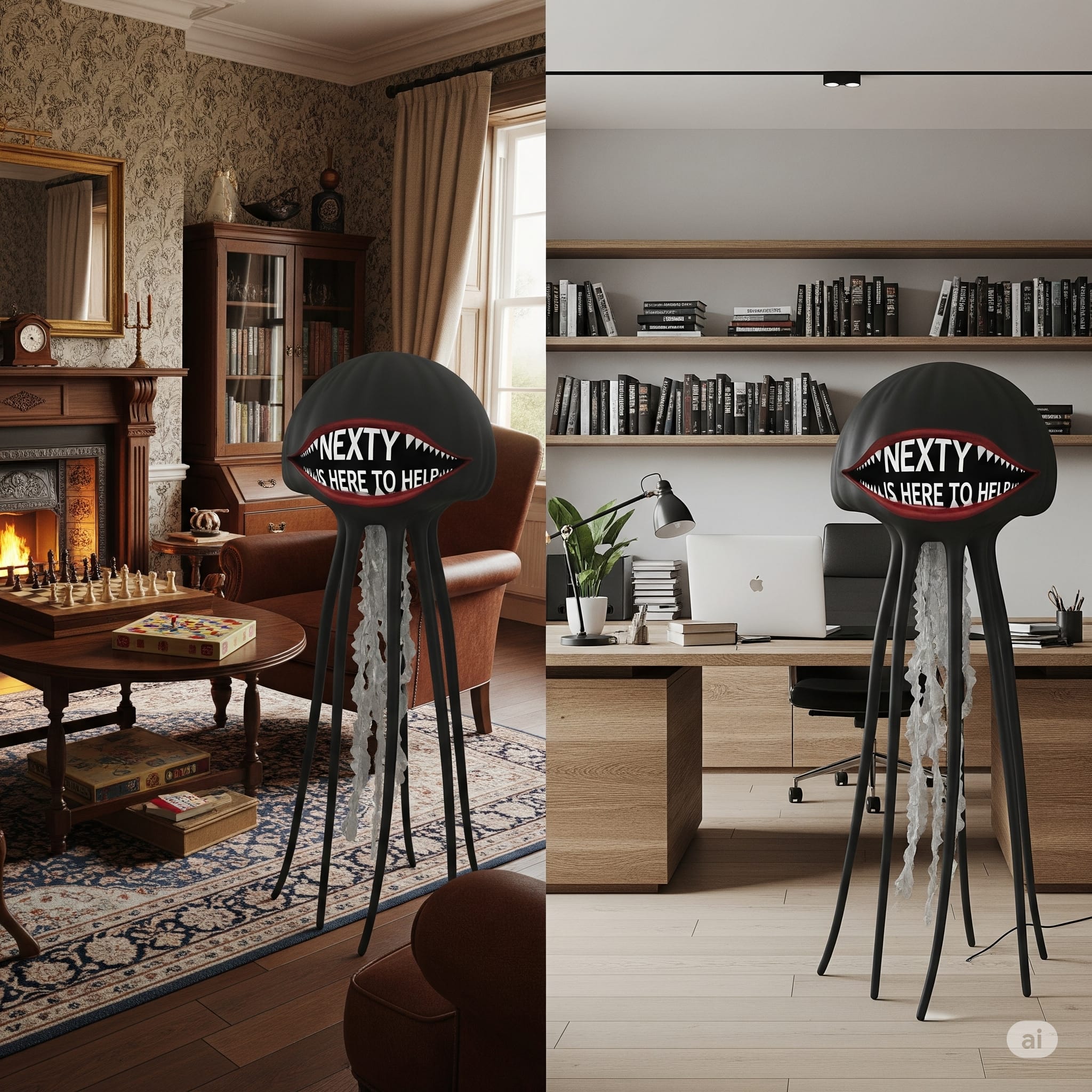 Two AI-generated images. On the left, jellyfish-like black lamp with teeth stands on a living room. Inside its mouth you can read "Ready to help!". The picture on the right displays the same lamp in a home office, placed in front of the desk.