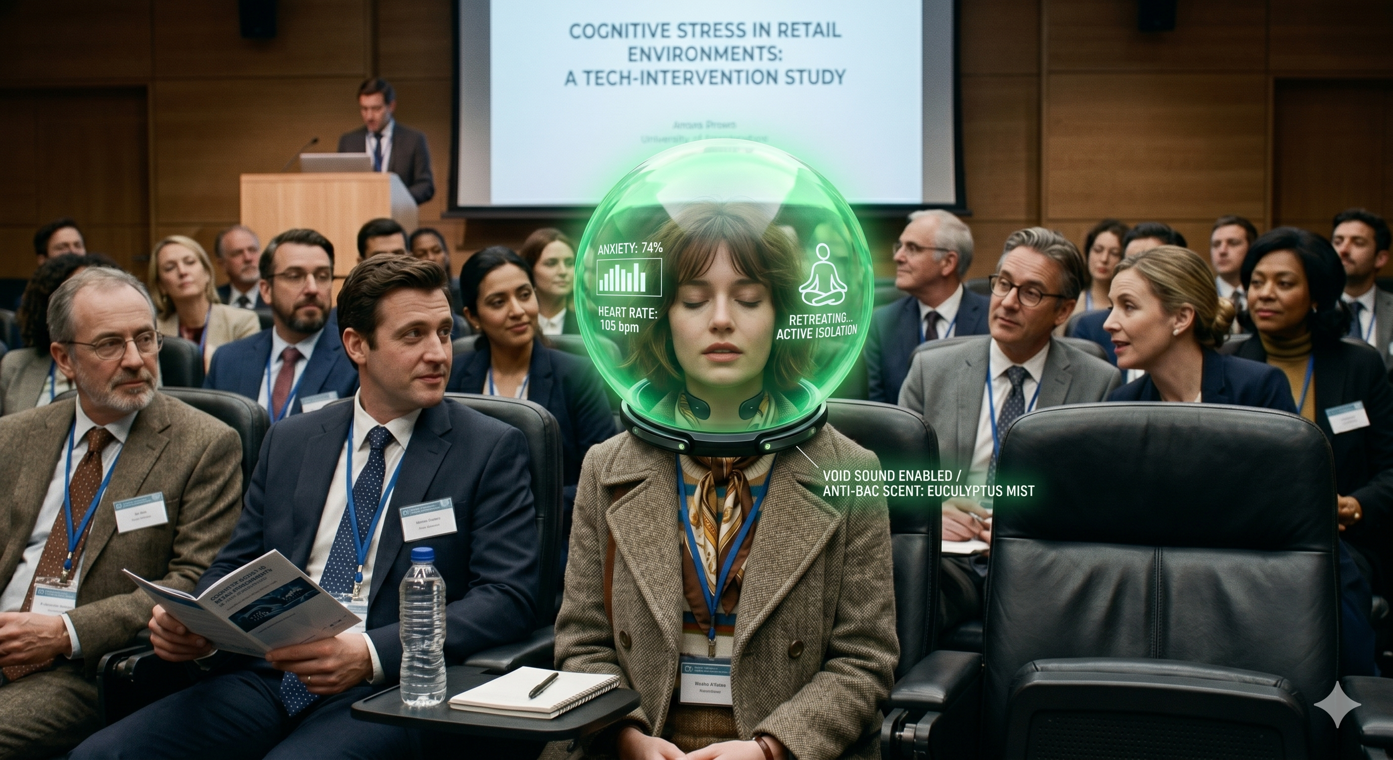 AI generated image of a woman in a conference room surrounded by people. The woman is wearing a green bubble as a helmet and has a peaceful expression.
