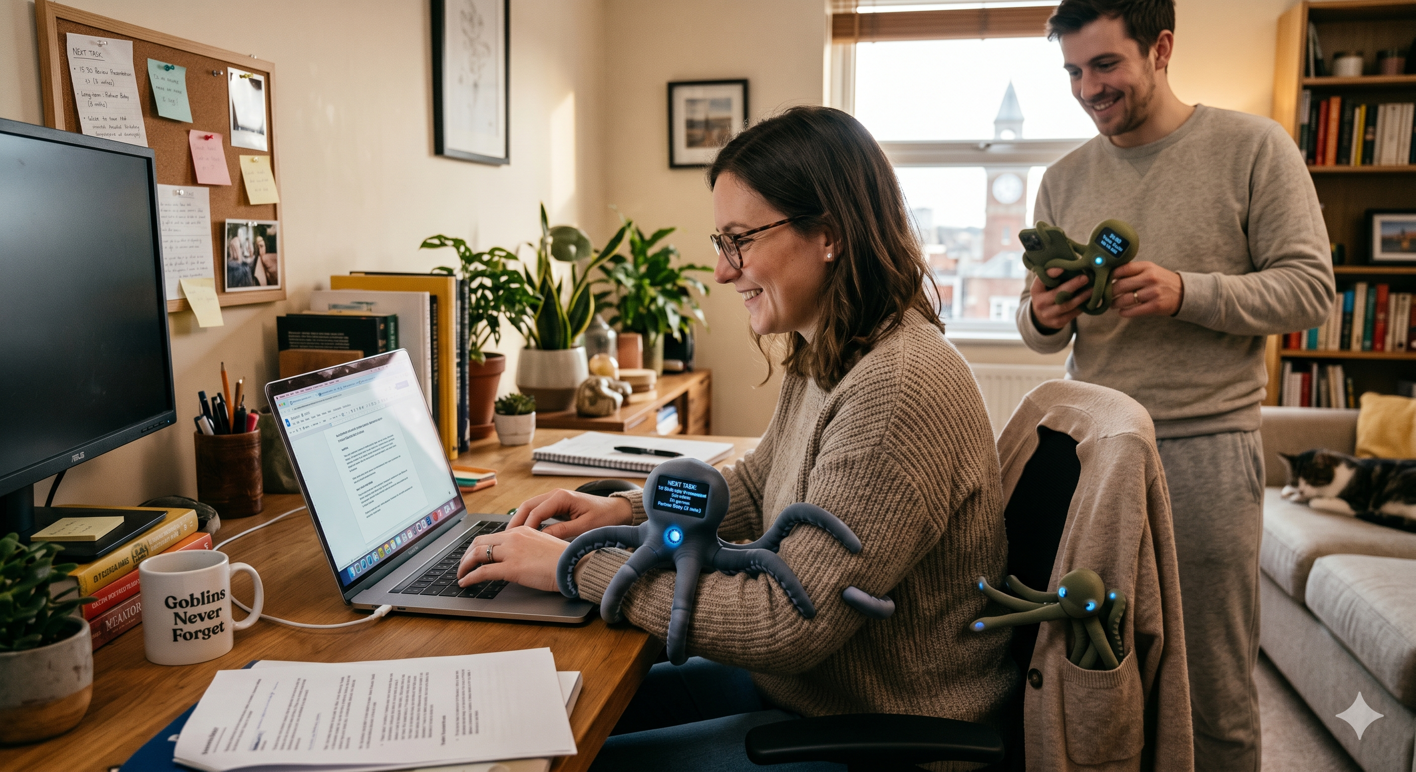 AI generated image of a woman and a man working at a desk at home. Both have a goblin tentacle-like creature crawling on their arm.