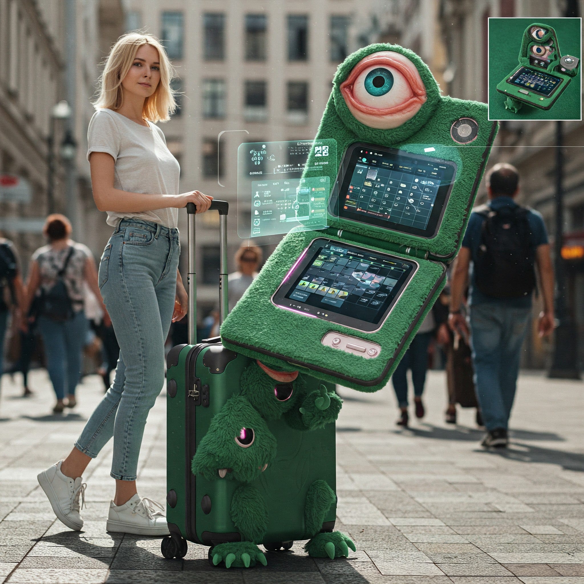 AI-generated image of a woman in a crowded street. In front of her a green suitcase with furry legs. Floationg on the scene a foldable furry computer with two screens and a human eye in the position of the camera.