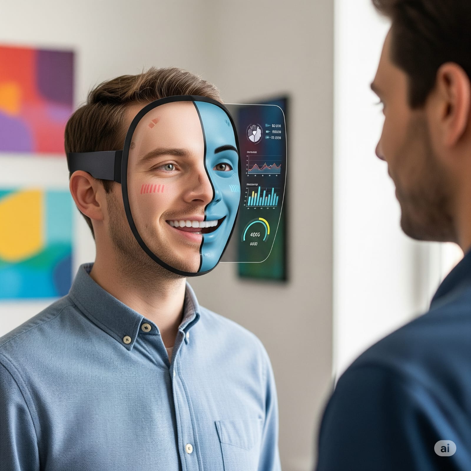 AI-generated image of a man wearing a semi-trasparent and blue mask with AR information overlayed. He is facing a second man.