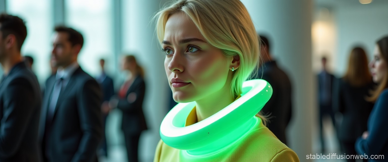 AI-generated image of a woman in a conference hall with people around wearing a glowing green neck-band.
