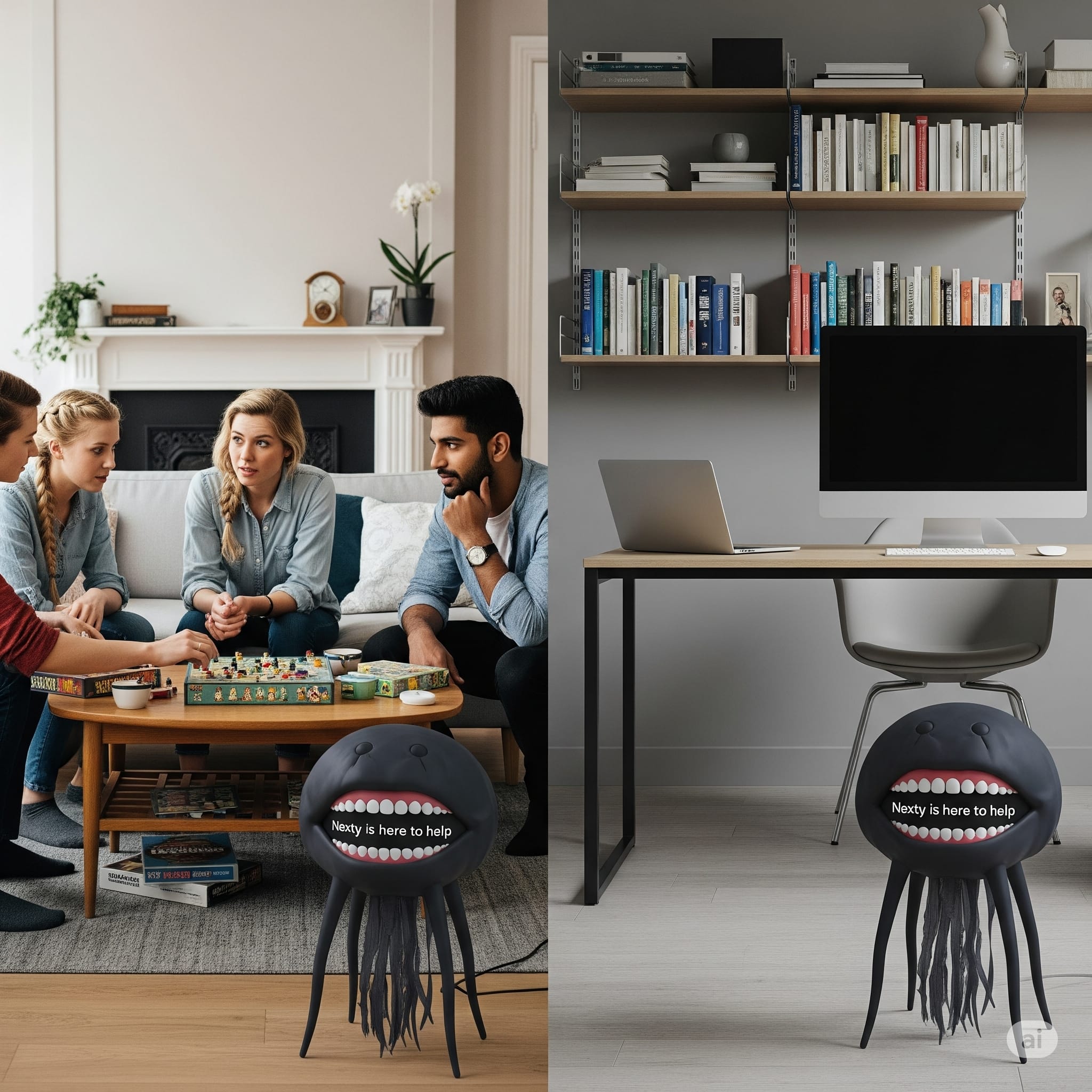 Two AI-generated images. On the left a group of people are playing a board game. In front of them there is a a jellyfish-like black lamp with teeth. Inside the mouth you can read "Ready to help!". The picture on the right displays the same lamp in a home office, placed in front of the desk.