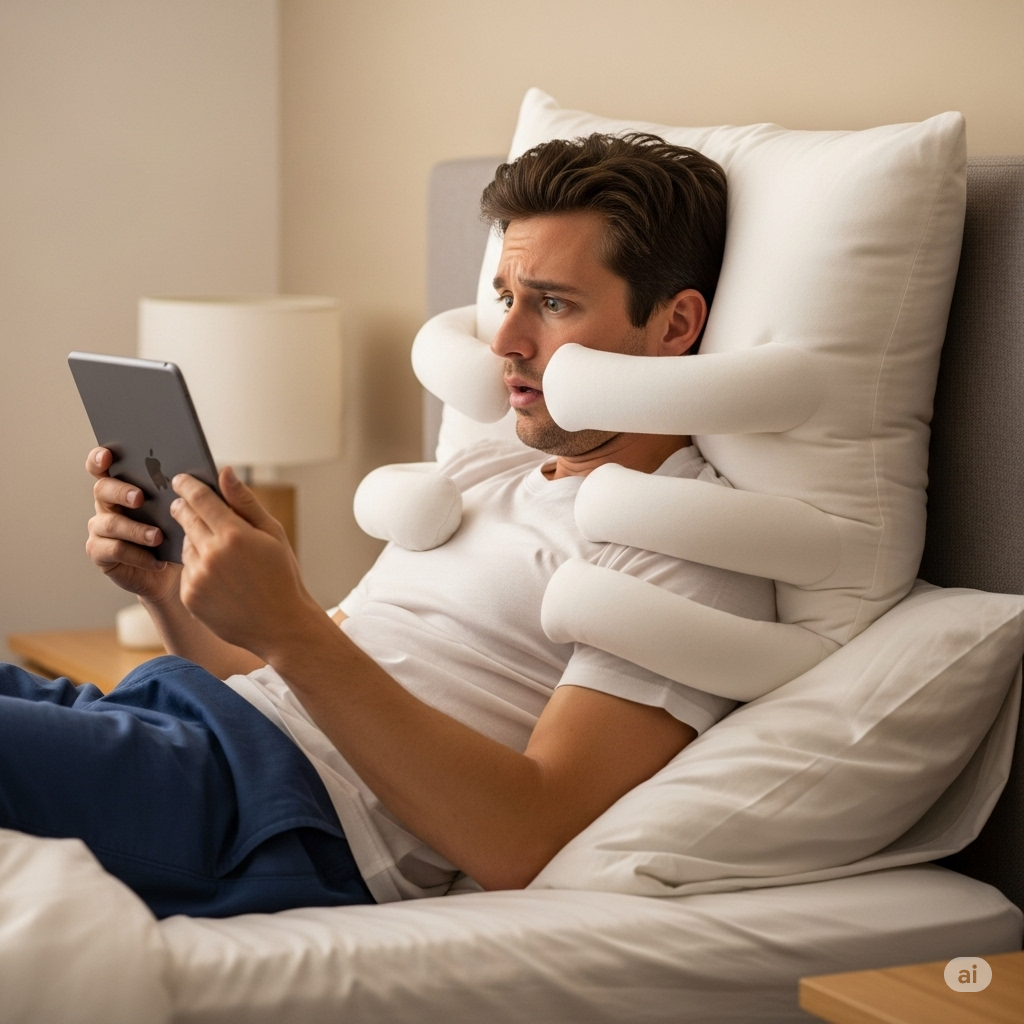 AI-generated image of a man in bed looking at a tablet. Behind him a pillow with arms starts to surround his face.