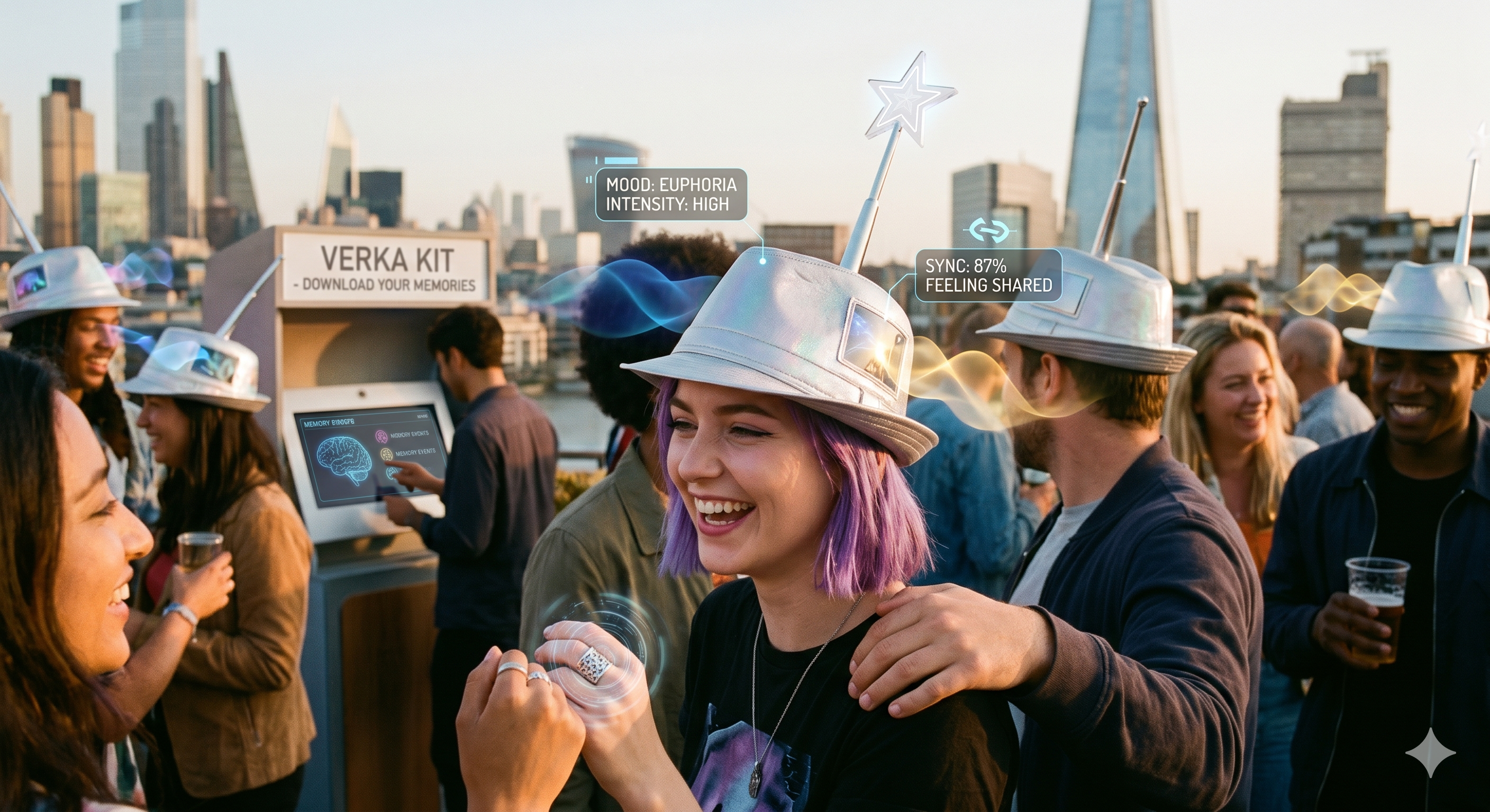 AI-generated image of a woman at a rooftop party surrounded by people. Everybody wears a silver hat with a star-shaped antenna.