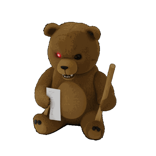 AI generated 3D model of BearIT, a teddy bear with a red eye holding a to-do list and a a stick