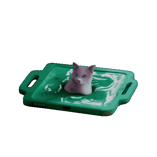 AI generated 3D model of a green tablet and a purple cat coming out of it.