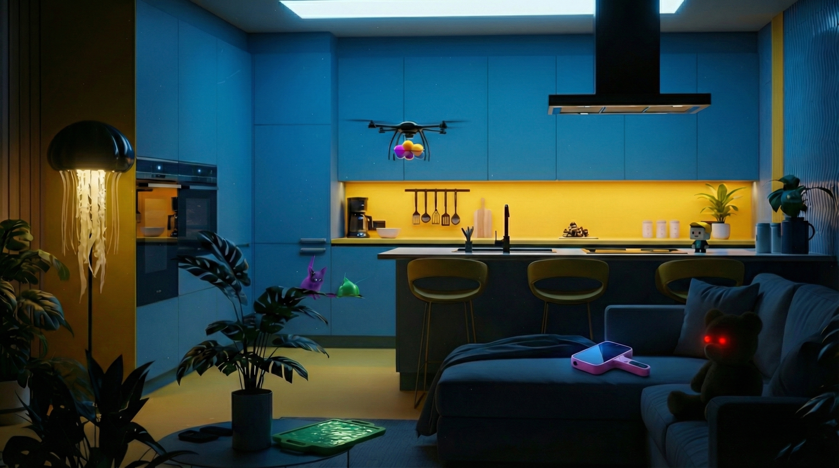 [AI-generated image of a Kitchen scene. On the front right, there is a sofa. On top of it, there is a pink tablet with a handle and a teddy bear with red luminous eyes. In the background, there is an open kitchen with a male-looking doll on the countertop. Flying above the kitchen, there is a drone holding colourful balls. On the left, there is a coffee table with a plant and a green tablet on top. Above it, there is a purple cat. On the far left, there is a jellyfish-looking black standing lamp.]
