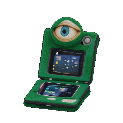 AI generated 3D model of a green foldable device with two screens and a human as for camera
