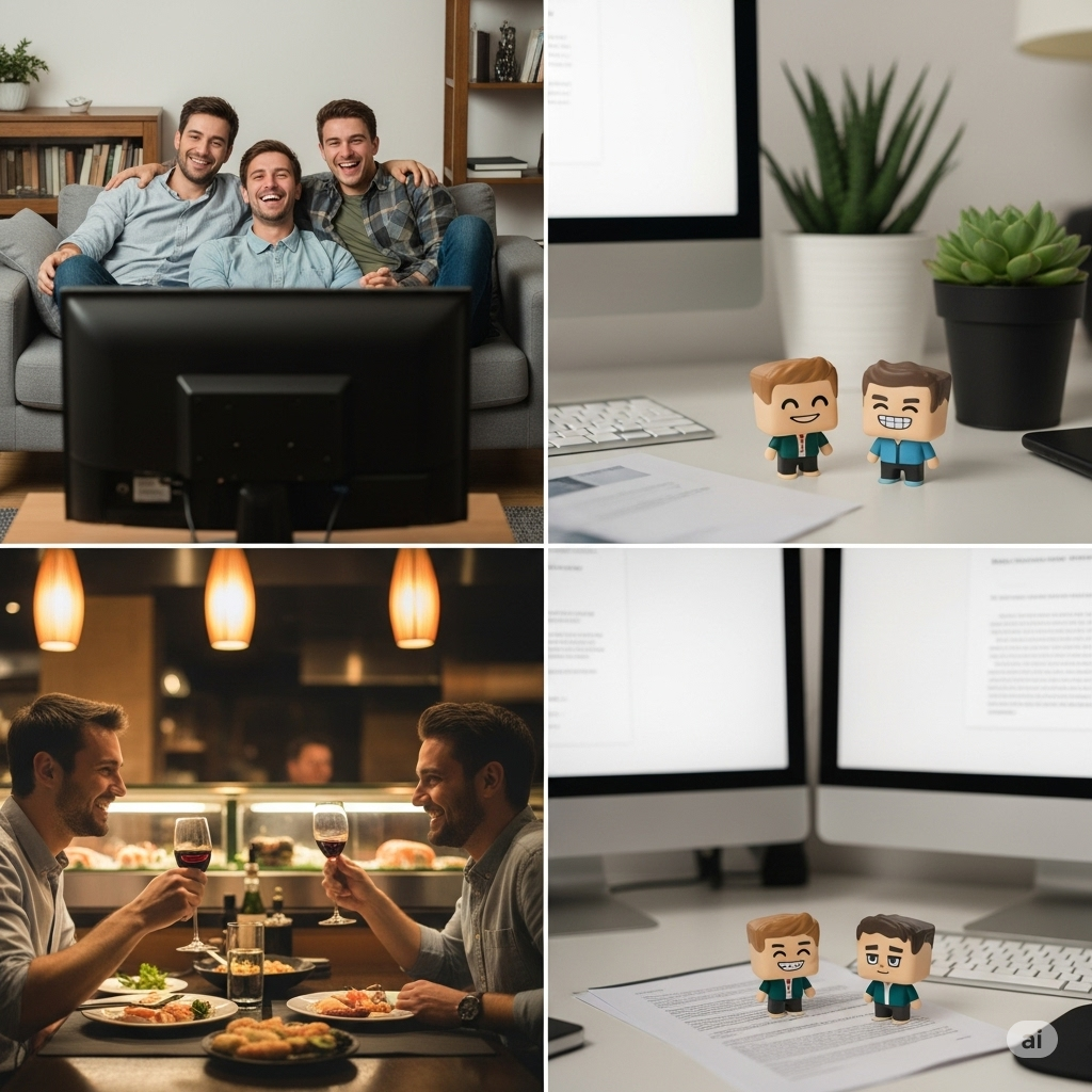 AI-generated set of 4 images. Top-left three men watching tv. Top-right, two character male-dolls smiling. Bottom-left, two men having a romantic dinner at a restaurant. Bottom-right, the two dolls show a sad face.